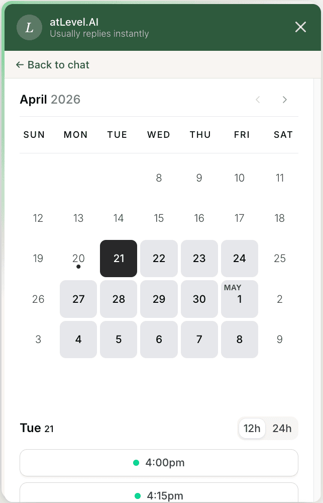 Chat widget offering a booking link