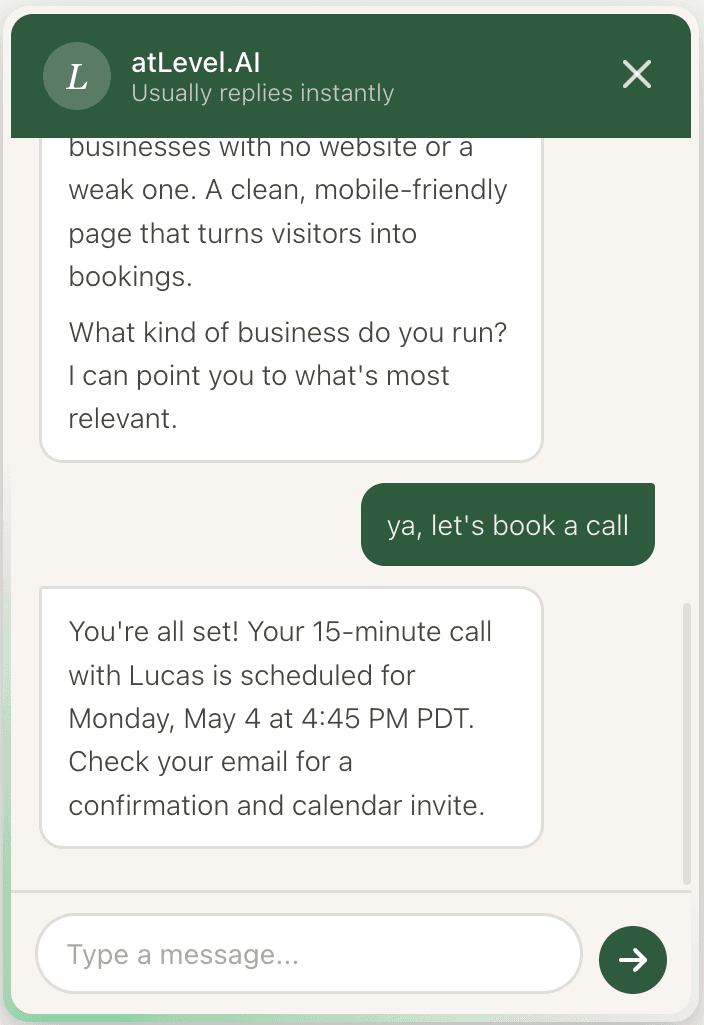 Chat widget showing booking confirmation