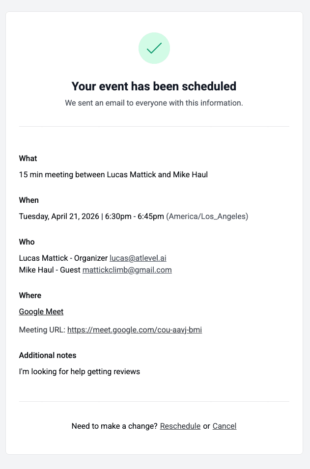 Confirmation email sent after booking